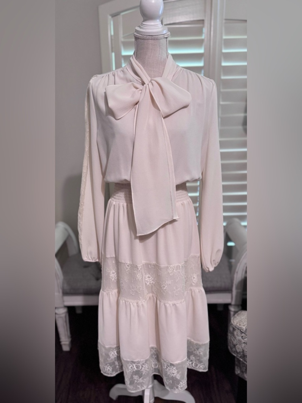 New York & Company Eva Mendez Cream Bow-Tie Long Sleeve Tiered Lace Midi Dress
